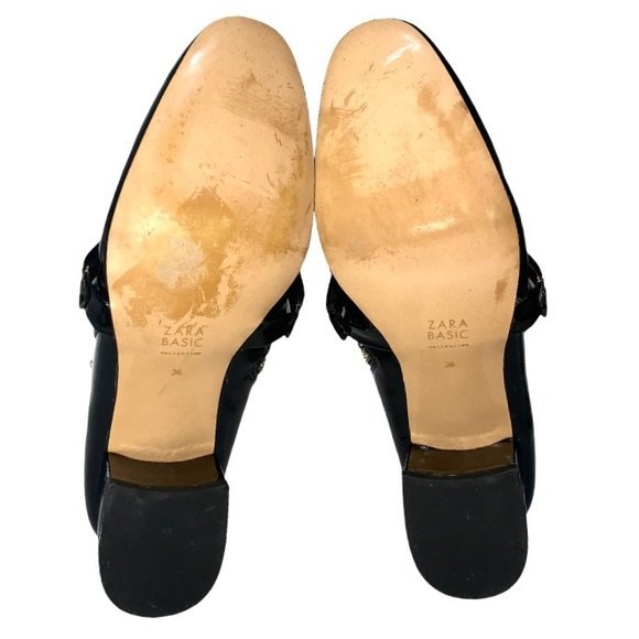 Zara Black/Gold Patent Leather Side Zip Almond Toe Chunky Block Heel Ankle Boots - Picture 7 of 11